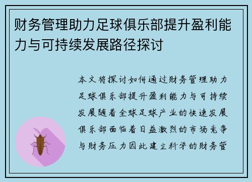 财务管理助力足球俱乐部提升盈利能力与可持续发展路径探讨