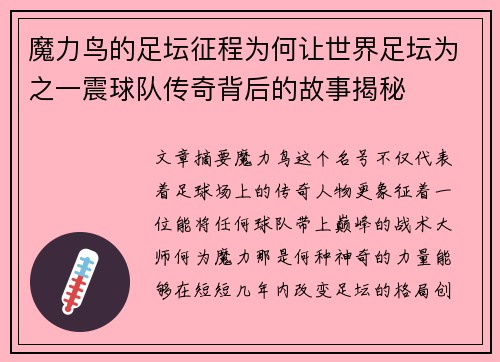 魔力鸟的足坛征程为何让世界足坛为之一震球队传奇背后的故事揭秘